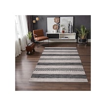 Siyah Krem Çizgili Kilim İskandinav Boho Desenli, Kaymaz Taban, Yıkanabilir,antialerjik Siyah Siyah