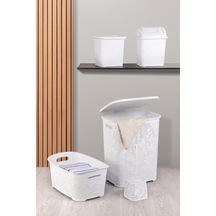 Dantel Desen 5 Parça Banyo Seti Kirli Sepeti Çamaşır Selesi Deterjanlık Wc Fırça Çeyiz Seti Beyaz