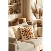 Güneş Damlası Renkli Damla Motifli Punch Nakışlı Püsküllü Pamuk Kırlent Kılıfı 42x42 Cm Kiremit