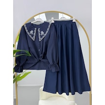 Lovie Moda Nakışlı Bebe Yaka Bluz Jakar Etekli Takım Mavi