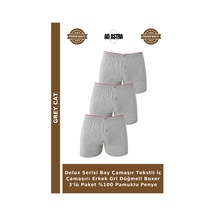 Grey Cat Delux Serisi Bay Çamaşır Tekstil İç Çamaşırı Erkek Gri Düğmeli Boxer 3'lü Paket %100 Pamuklu Penye