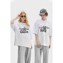 Unisex Kadın Erkek King Queen Baskılı Sevgili Çift Kombini Tasarım Oversize T-shirt 2'li Set Beyaz Mck1962 Beyaz