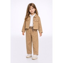 Harika Kids Kız Çocuk Gabardin Ceketli Takım Düğmeli Dokuma Gömlekli, Beli Lastikli Kemerli Pantolon 2-5 Yaş Camel
