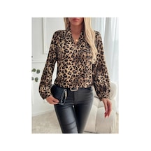 Butik İstanbul Kadın Uzun Kollu V Yakalı Modal Leopar Desenli Bluz Mavi