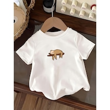 Uyguntarz Çocuk Dalda Uyuya Kalmış Maymun Baskılı Tasarım Tshirt Beyaz