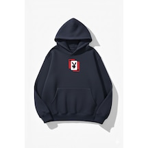 Uyguntarz Unisex Yumuşak Dokulu Playboy Baskılı Tasarım Oversize 3 İplik Hoodie Sweatshirt Indigo