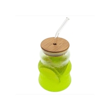 500ml Bambu Kapaklı Cam Bardak, Cam Pipetli Silikon Kapak Contalı İnce Çizgi Desenli Sıcak Soğuk İçecekler İçin Kahve Meyve Suları Ve Çayları İçin Ergonomik Şık Tasarım Açık Ahşap