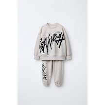 Erkek Çocuk Pamuklu Graffiti Baskılı Sweatshirt Ve Eşofman Alt Takım Gri