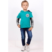 Toontoy Kids Toontoy Erkek Çocuk Kapşonlu Kolları Baskılı Sweatshirt Yeşil