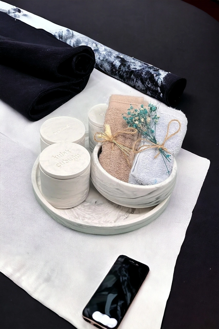 Marble Serisi Havluluk Ve Organizerli Beton Banyo Seti Gri