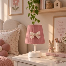 Gül Kurusu Pembe Keten Kumaş Kız Çocuk Odası Pilli Masa & Gece Lambası Çok Renkli
