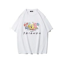 Brz Collectıon Brz Collection Unisex Oversize Sunger Bob Friends T-shirt Beyaz