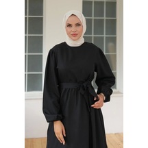 Defymoda Kadın Uzun Kol Bisiklet Yaka Belden Bağlamalı Elbise Siyah