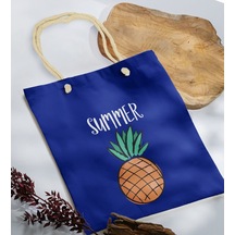 Bk Gift Yaz Temalı Saks Mavi Halat Saplı Kumaş Plaj Çantası -4, Baskılı Omuz Çantası, Alışveriş Çantası, Arkadaşa Hediye, Sevgiliye Hediye Haki