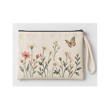 Kelebekli Kır Çiçekleri Baskılı Fermuarlı Makyaj Çantası Bozuk Para Cüzdanı Clutch Model 01288