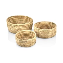 Tr Doğal Hurma Ağacı Yaprağından Dekoratif Hasır Sepet - 3 Parça Sepet Seti Yuvarlak 25x13cm, 21x11cm Ve 17x9cm Genel