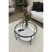 Nordic Orta Sehpa Temperli Cam 75 Cm Demonte Çizilmez Kırılmaz Metal Çerçeve Raflı Minimalist Sehpa - Beyaz Beyaz