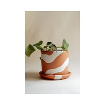 El Yapımı Terracotta Silindir Saksı + Tabak - Bohem Beyaz Küçük