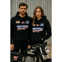 Unisex İkili Paket Kadın-erkek Sevgili Kombini - Kapüşonlu Baskı Detaylı Sweatshirt 2'li Paket Siyah