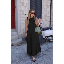 Butik İstanbul Kadın Sıfır Kollu Bisiklet Yaka Viskon Elbise Lacivert