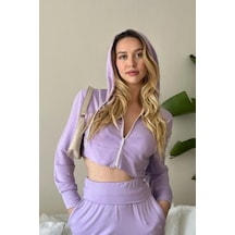 Penyebizden Kadın Viskon Kapşonlu Oversize Crop Sweatshirt-lila