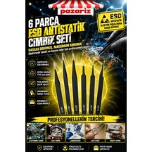 6 Parça Antistatik Paslanmaz Çelik Cımbız Seti, Elektronik Ve Hobi İçin Hassas Elektronik Cımbız Seti Antistatik Çelik Tweezer Set