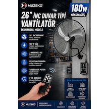 Muzeko Mzk650 26 Inç 65cm 180w Kumandalı Duvar Tipi Sanayi Vantilatör Evde Kullanım İçin Uygun Değildir