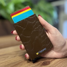 Wrapsol Rfid Korumalı Alüminyum Otomatik Mekanizmalı Kredi Kartlık Desenli Prizma Gri Taş Desenli Kahverengi Deri Taş Desenli Kahverengi Deri Kahverengi