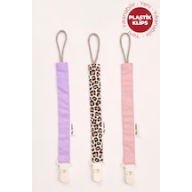 Lila - Leopar - Pudra - Plastik Klipsli Emzik Askısı Seti - 3'lü Emzik Zinciri Seti