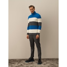 Xint Balıkçı Yaka Regular Fit Çizgili Yün Kazak 24ke00801757-06 Mavi