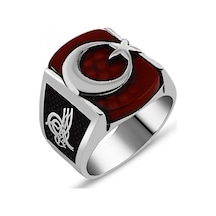 Takılingo 925 Ayar Gümüş Kırmızı Akik Taş Üzerine Ayyıldız İşlemeli Erkek Yüzük Gümüş