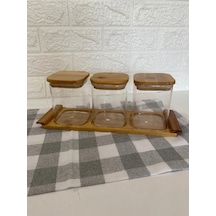3 Lü Bambu Standlı Kare Kavanoz Seti Baharatlık Seti Baharatlık Bambu