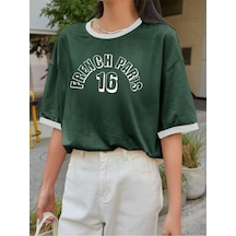 French Paris Parçalı Süprem T-shirt - Yeşil Oversize Bisiklet Yaka Kısa Kol Tişört Yeşil