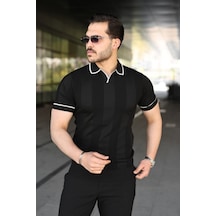 Efnaz Style Erkek Dokulu Desen Yakalı Kısa Kollu Tişört Siyah