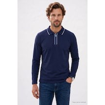 Tudors Erkek Slim Fit Dar Kesim %100 Pamuk Uzun Kollu Fermuarlı Lacivert Polo Yaka Tişört-52789