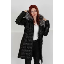 M M Marki Marki Siyah Özel Kürklü Şişme Deri Mont, Hakiki Deri, Özel Kürklü Kapüşon, 90 Cm, Kadın, Fermuarlı Siyah Deri - Gri Kapüşon Kürk