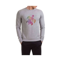 Silhouette Sea Turtle Baskılı Gri Erkek Örme Sweatshirt