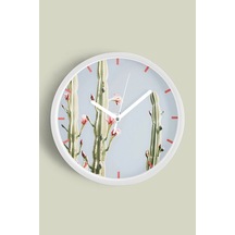 Kaktüs Çiçek Modern Duvar Saati - 42cm - Önü Camlı Beyaz Kasa - Sessiz Mekanizma Beyaz