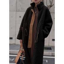 Barbora Peluş Beli Bağcıklı Kışlık Kadın Fermuarlı Astarlı Tüylü Ceket Ws02siyah 001