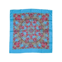 Tikitonki Çiçek Desenli Turkuaz Bohem Saten Eşarp - 90x90 Turkuaz Turkuaz
