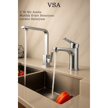 2'si Bir Arada Krom Mutfak Eviye Bataryası / Krom Banyo Lavabo Bataryası Sıcak Soğuk Çift Girişli Krom