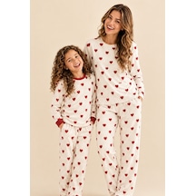 Moda Kombinli A Kalite Süet Kırmızı Kalpli Beyaz Pijama Takımı Beyaz Ve Kırmızı