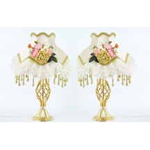 İki Adet Çiçek Dekorlu Abajur Gold Beyaz Klasik Model Beyaz