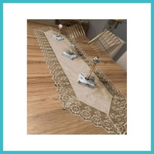 Bezos Kadife Dantel Detaylı Krem Runner 140x40cm Kahve Dfnbez