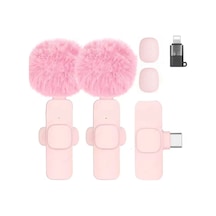 Kablosuz Tüylü Pembe Yaka Mikrofonu Type-c Ve Apple Girişli 2 Li Set Bluetooth 5.0