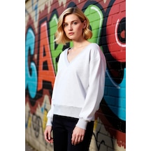 Benerly Kadın V Yaka Düşük Kol Oversize Örme Sweatshirt Fonksiyonel Dayan Kar Melanj