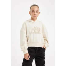 DeFacto Kız Çocuk Ekru Oversize Geniş Kalıp Kapüşonlu İşlemeli Kalın Sweatshirt D2885A824WNER233