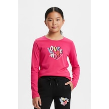 Yuvarlak Yaka Love Baskılı Kız Çocuk Alt-üst Takım Fuşya