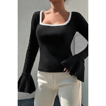 Novalook Kare Yaka Siyah Kaşkorse İspanyol Kol Bluz Siyah Beyaz - 672417218 Siyah Beyaz