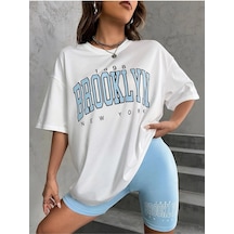 Startmore Kadın Beyaz Mavi Brooklyn Bisiklet Yaka Tshirt Beyaz